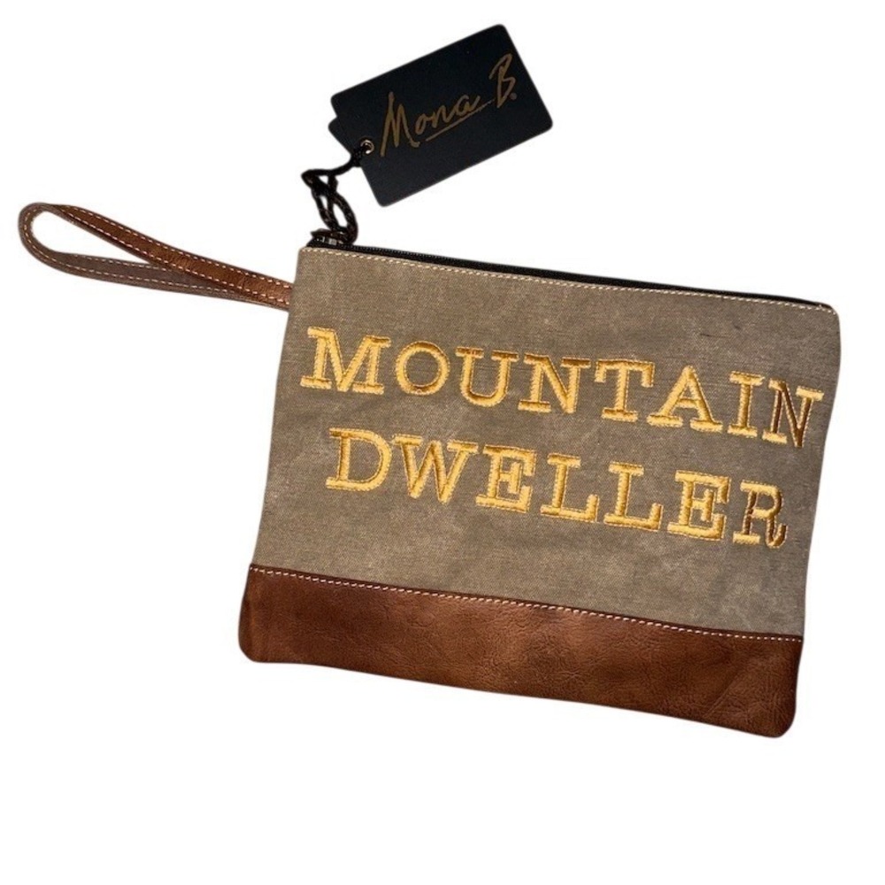 Mona B Wristlet Clutch Pouch Womens Large‎ Tan Brown Mountain Dweller Zip Top